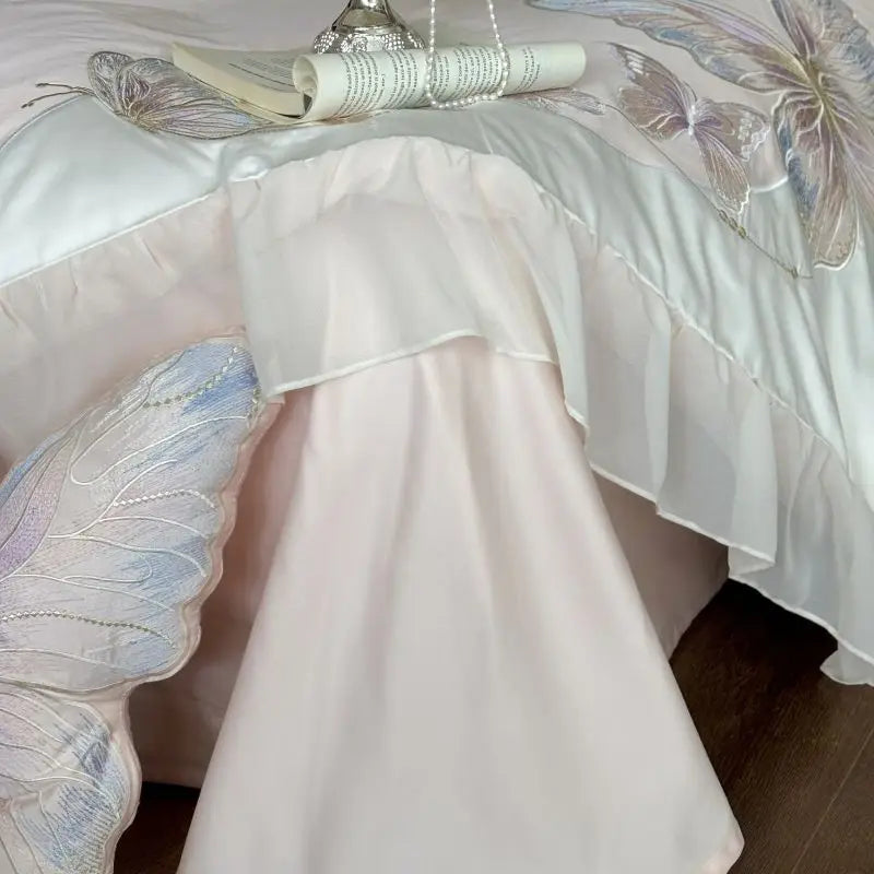 Sheer ruffle edge and butterfly embroidery on the duvet cover