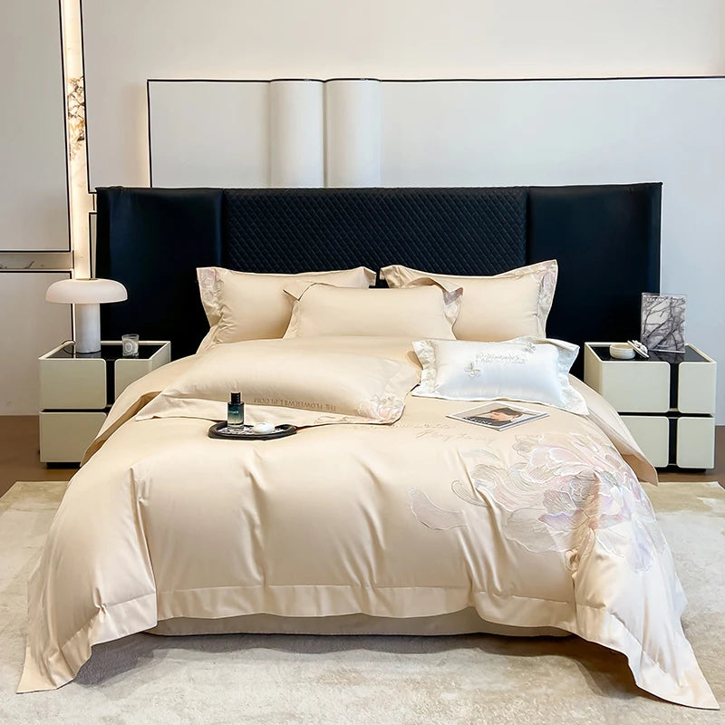 Beige Egyptian cotton bedding set with an embroidered peony on the duvet cover