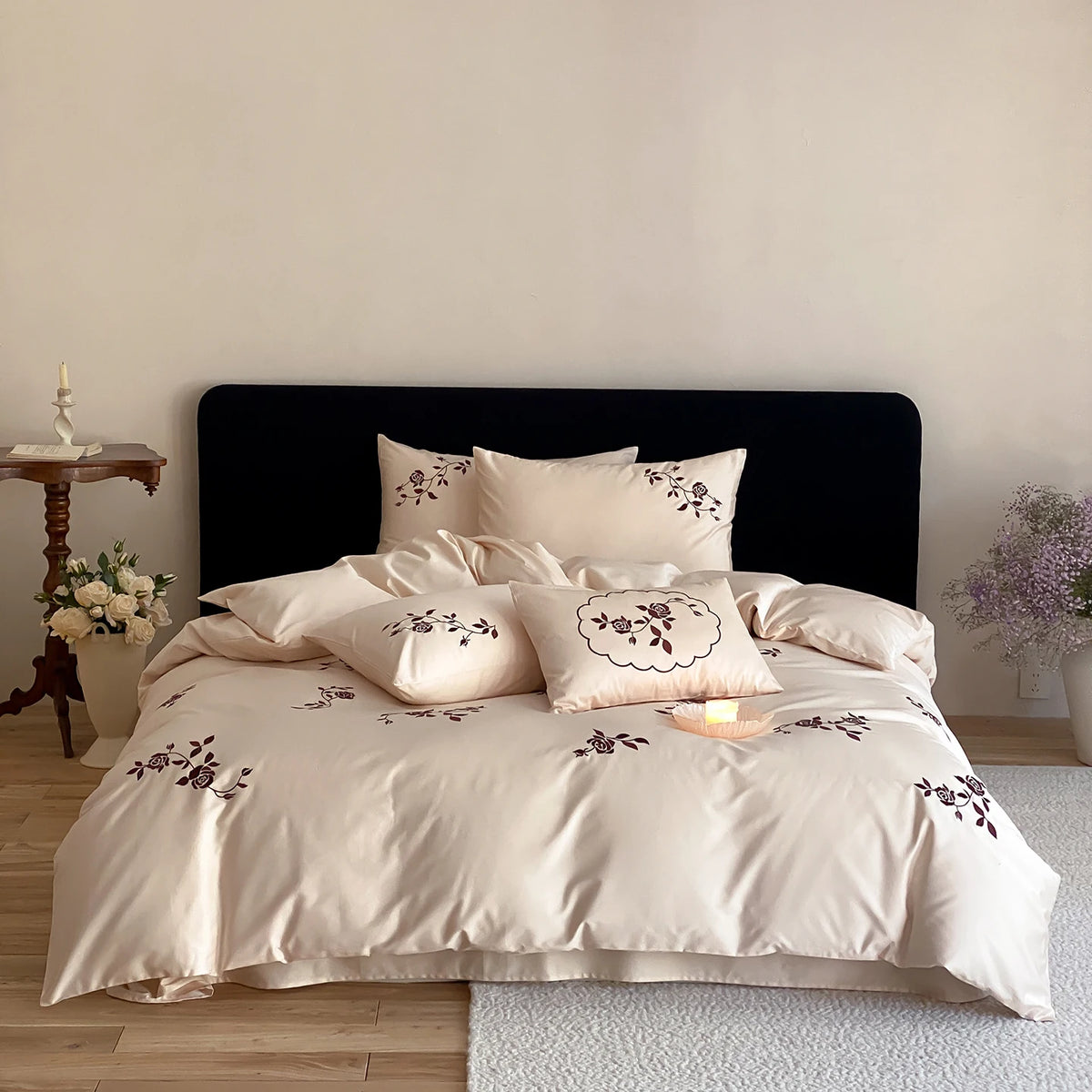 Embroidered Egyptian Cotton Bedding Set 900TC | Wine Rose