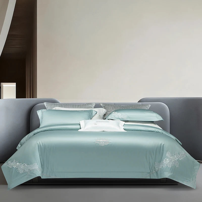 Teal bedding set with silver floral embroidery