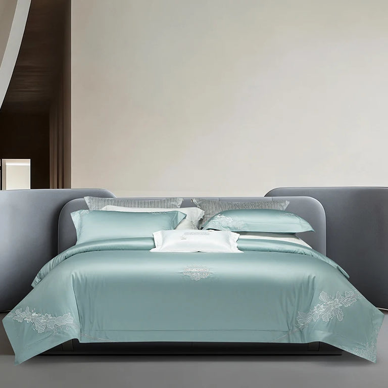 Teal bedding set with silver floral embroidery