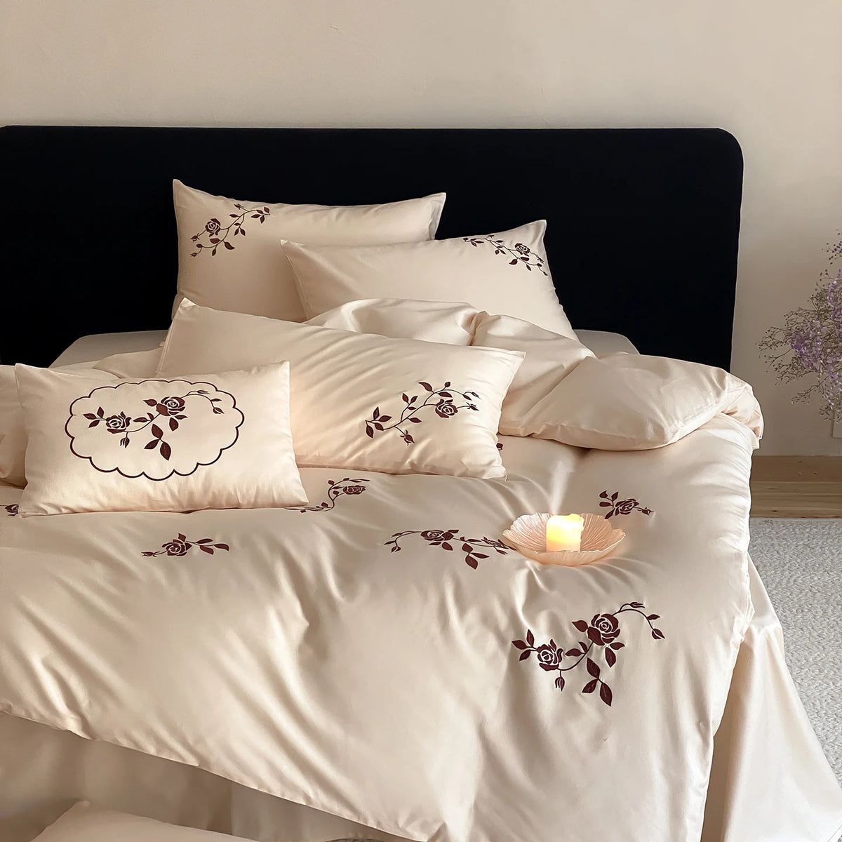 Embroidered Egyptian Cotton Bedding Set 900TC | Wine Rose