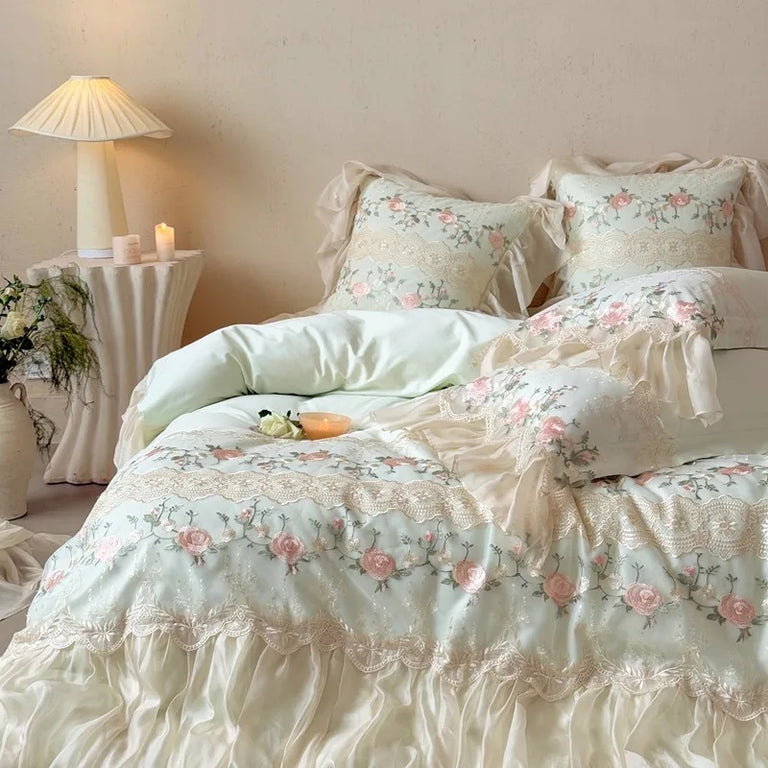 Embroidered Egyptian Cotton Bedding Set 1200TC | Rose Ruffle