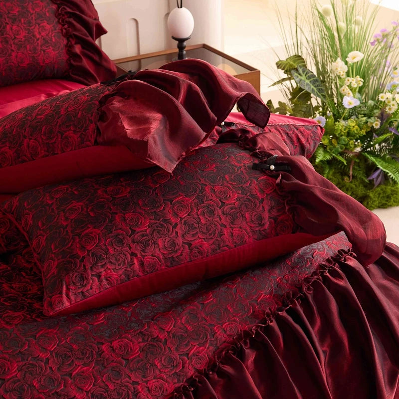 Close up of the red rose print and ruffle trim