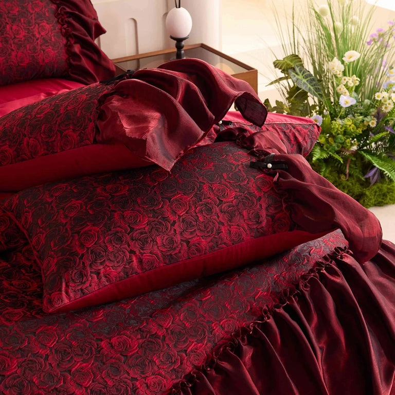 Close up of the red rose print and ruffle trim