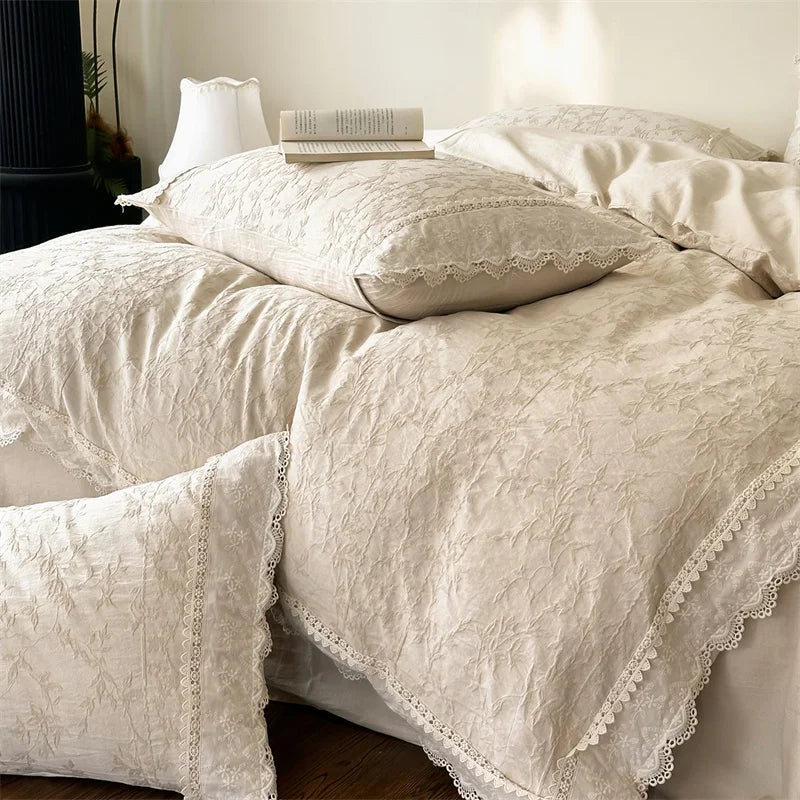 Soft Lace Edge bedding set styled on a bed