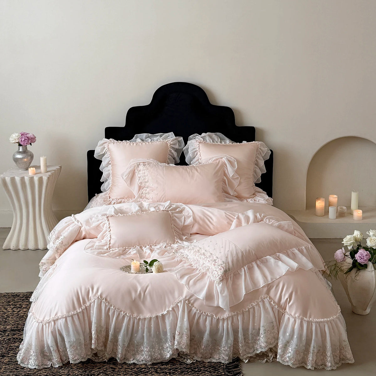 Pink Egyptian cotton lace bedding set with ruffles
