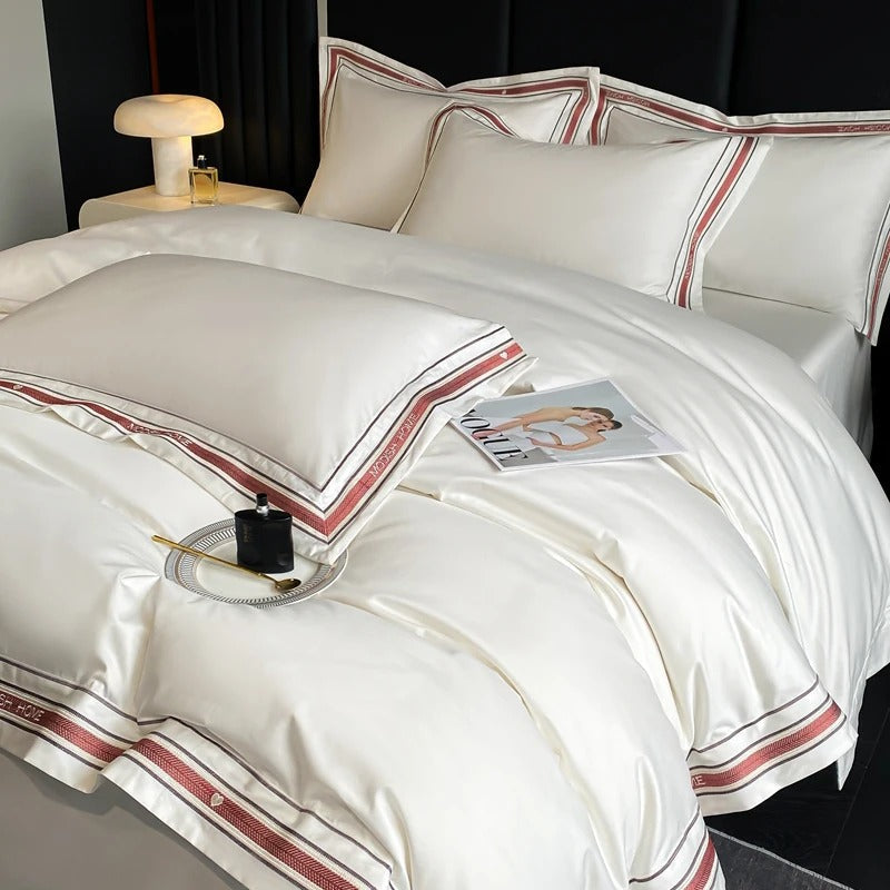 White Embroidered Bedding Set with Red & Grey Trim - 1000TC 