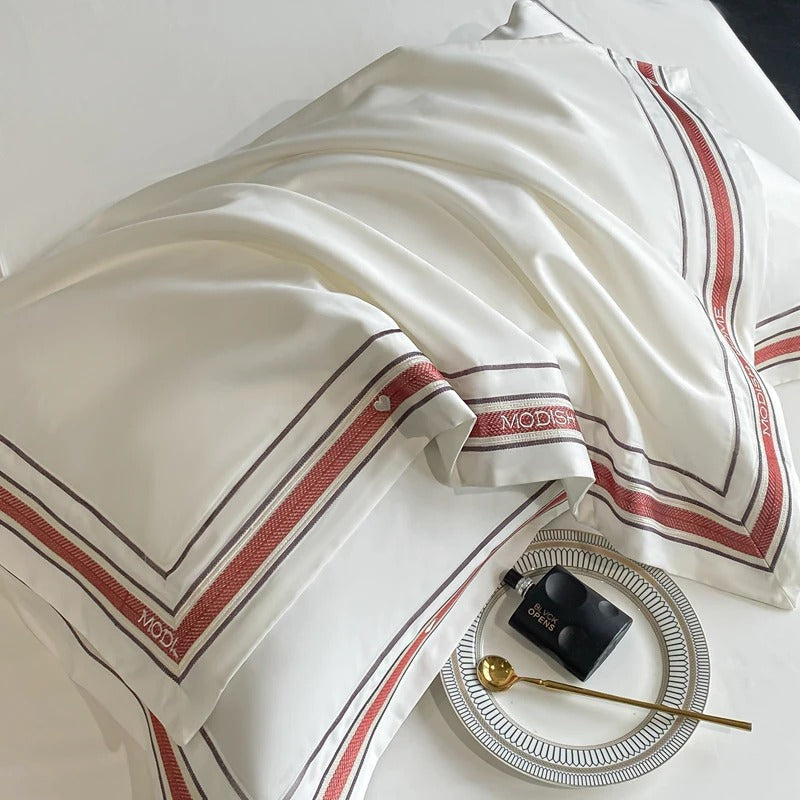 White Embroidered Bedding Set with Red & Grey Trim - 1000TC 