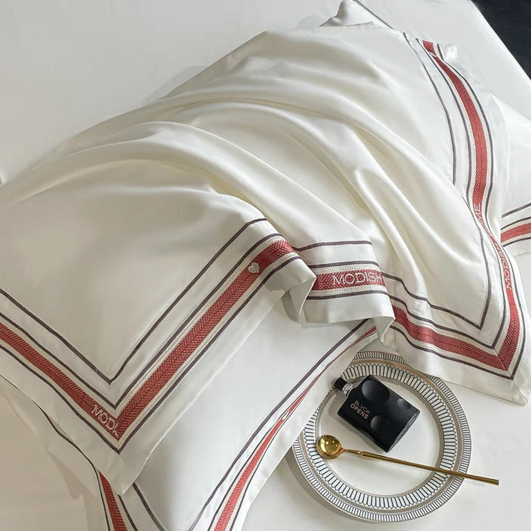 White Embroidered Bedding Set with Red & Grey Trim - 1000TC 