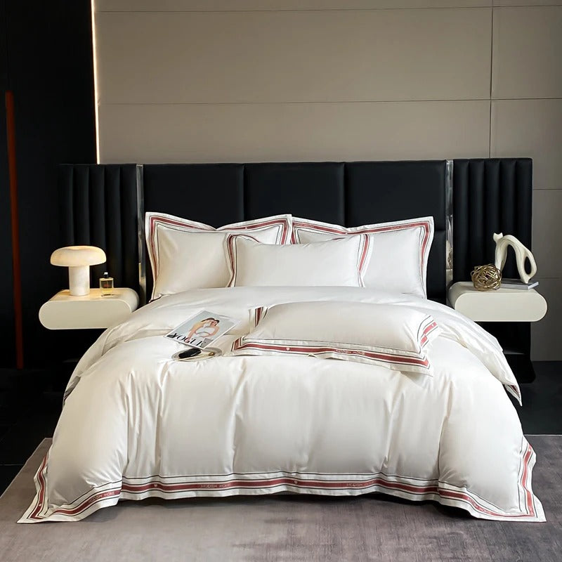 White Embroidered Bedding Set with Red & Grey Trim - 1000TC - Egyptian Bedding