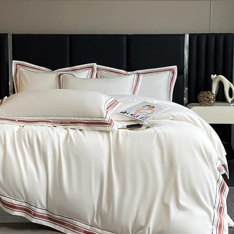 White Embroidered Bedding Set with Red & Grey Trim - 1000TC 