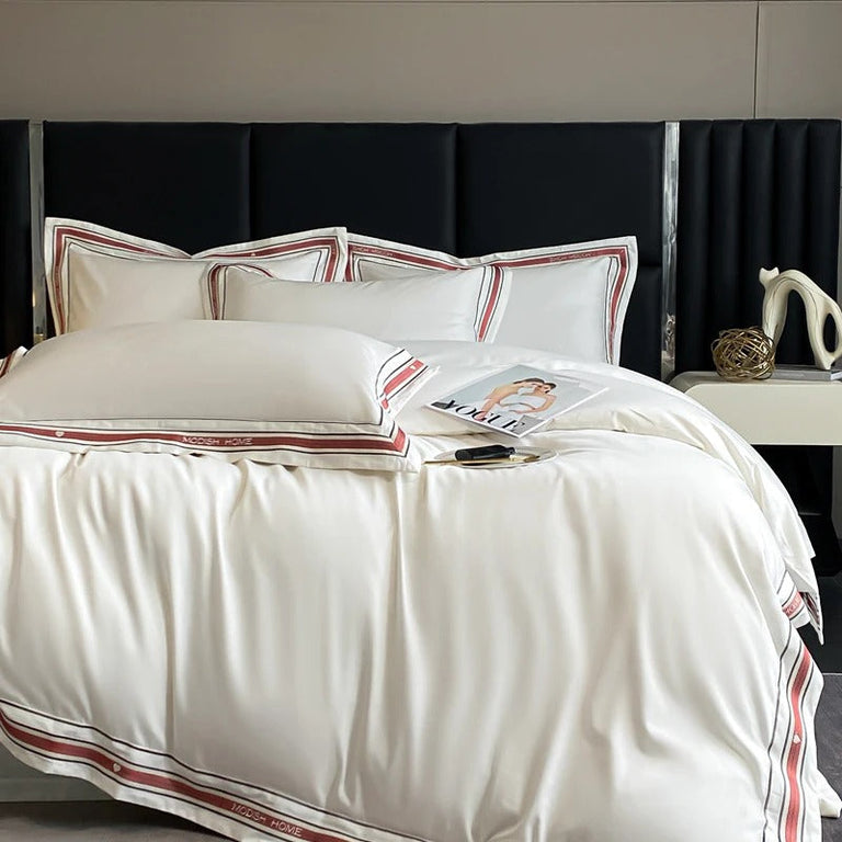 White Embroidered Bedding Set with Red & Grey Trim - 1000TC 