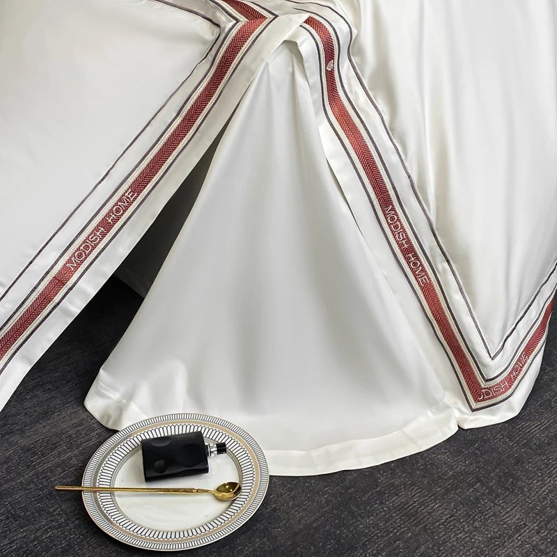White Embroidered Bedding Set with Red & Grey Trim - 1000TC 