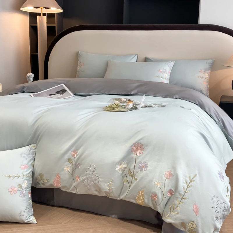 Embroidered Egyptian Cotton Bedding Set 600TC | Meadow Sprig Blue Grey