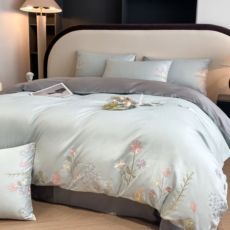 Embroidered Egyptian Cotton Bedding Set 600TC | Meadow Sprig Blue Grey