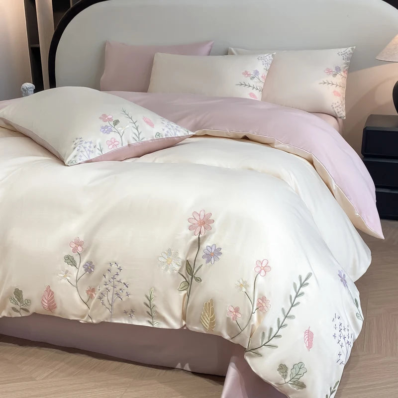 Embroidered Egyptian Cotton Bedding Set 600TC | Meadow Sprig Pink