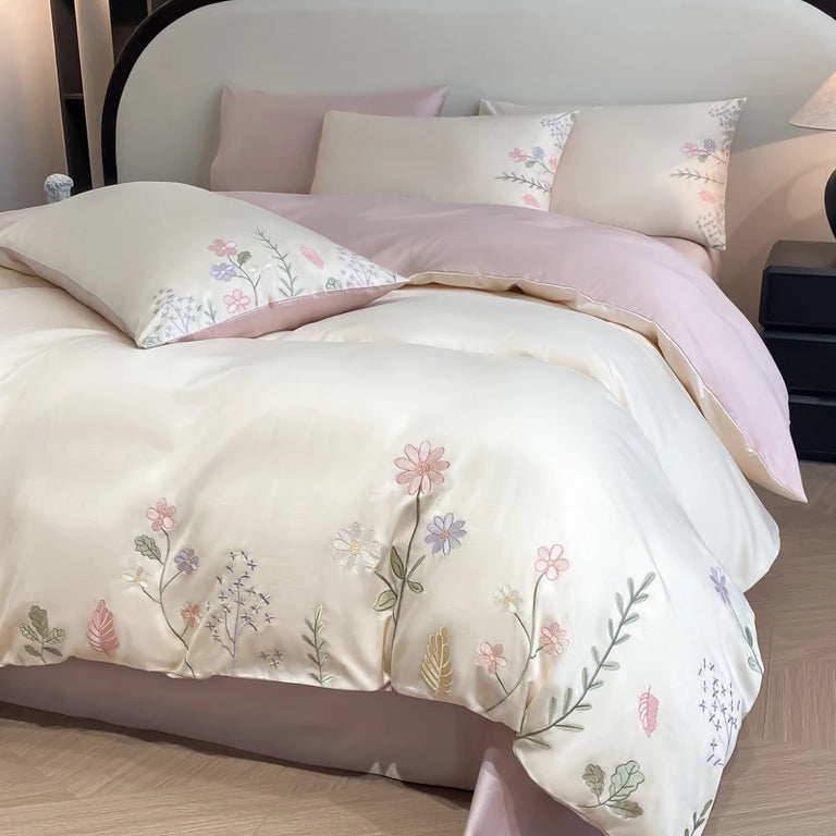 Embroidered Egyptian Cotton Bedding Set 600TC | Meadow Sprig Pink