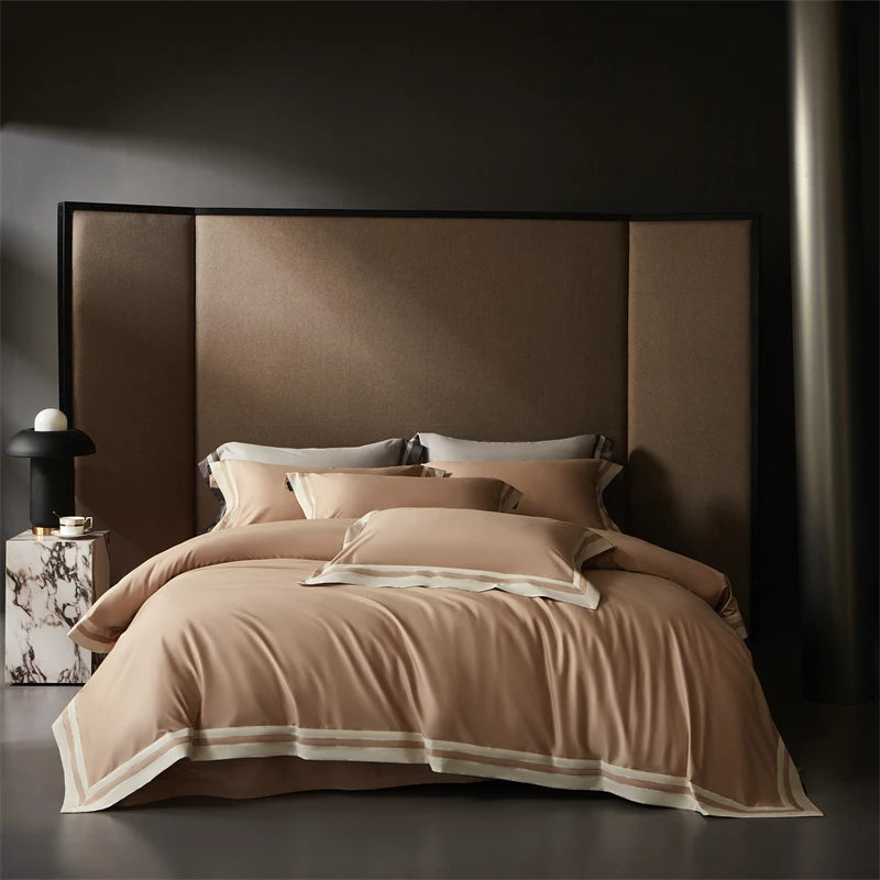 Plain Egyptian Cotton Bedding Set 1000TC | Contrast Border in Camel