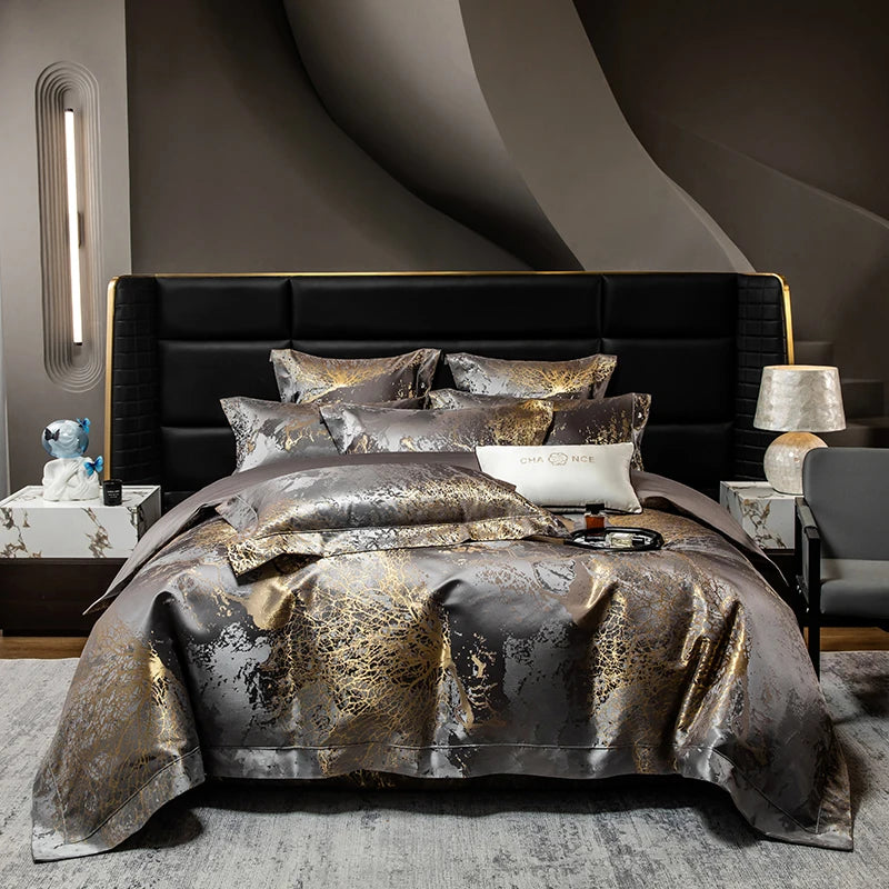 Grey gold marble jacquard bedding set