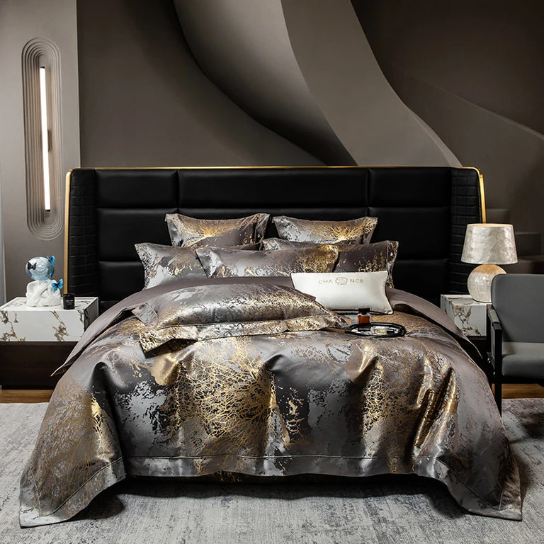 Grey gold marble jacquard bedding set