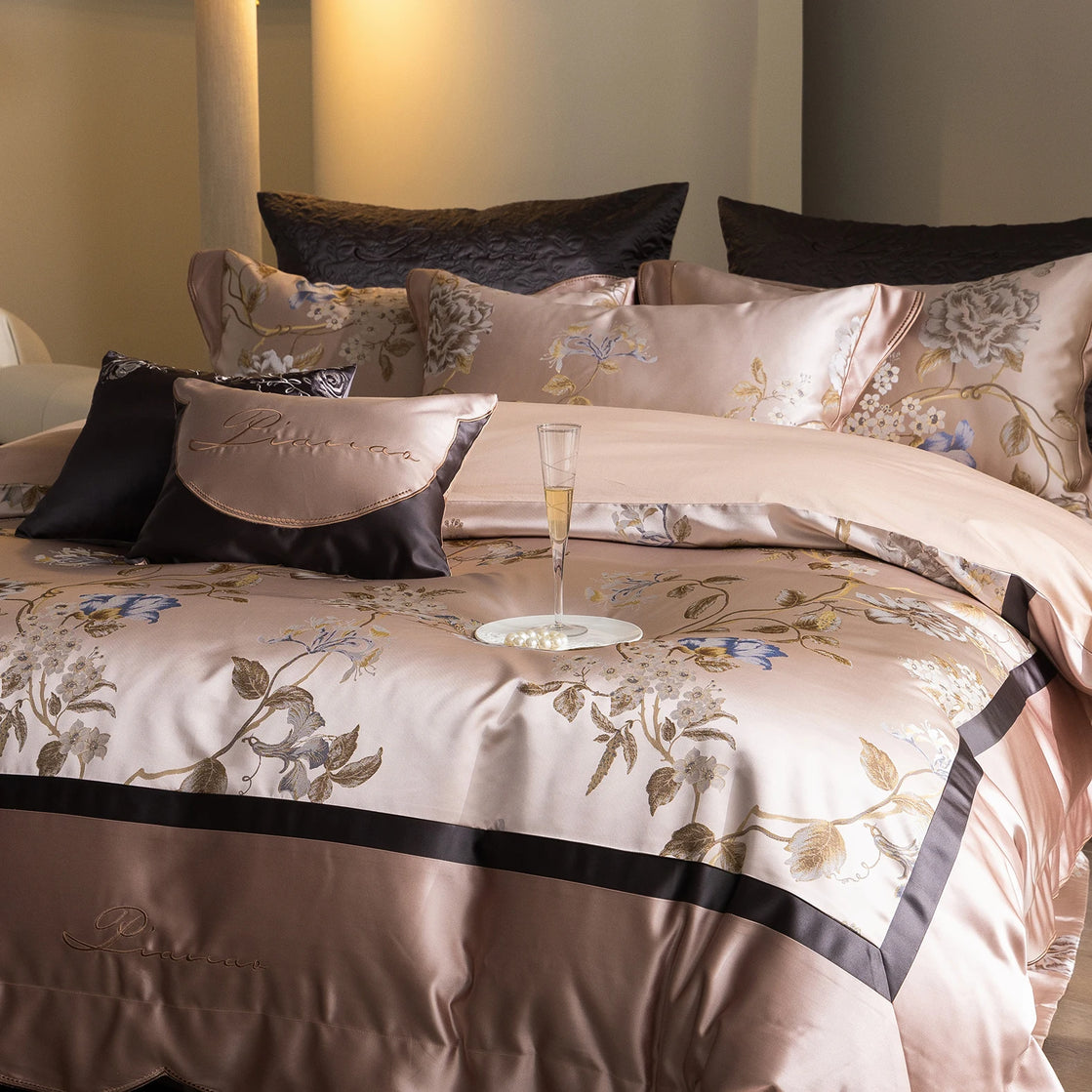 Embroidered Cotton Silk Blend Bedding Set 1200TC | Blush Blossom - Egyptian Bedding