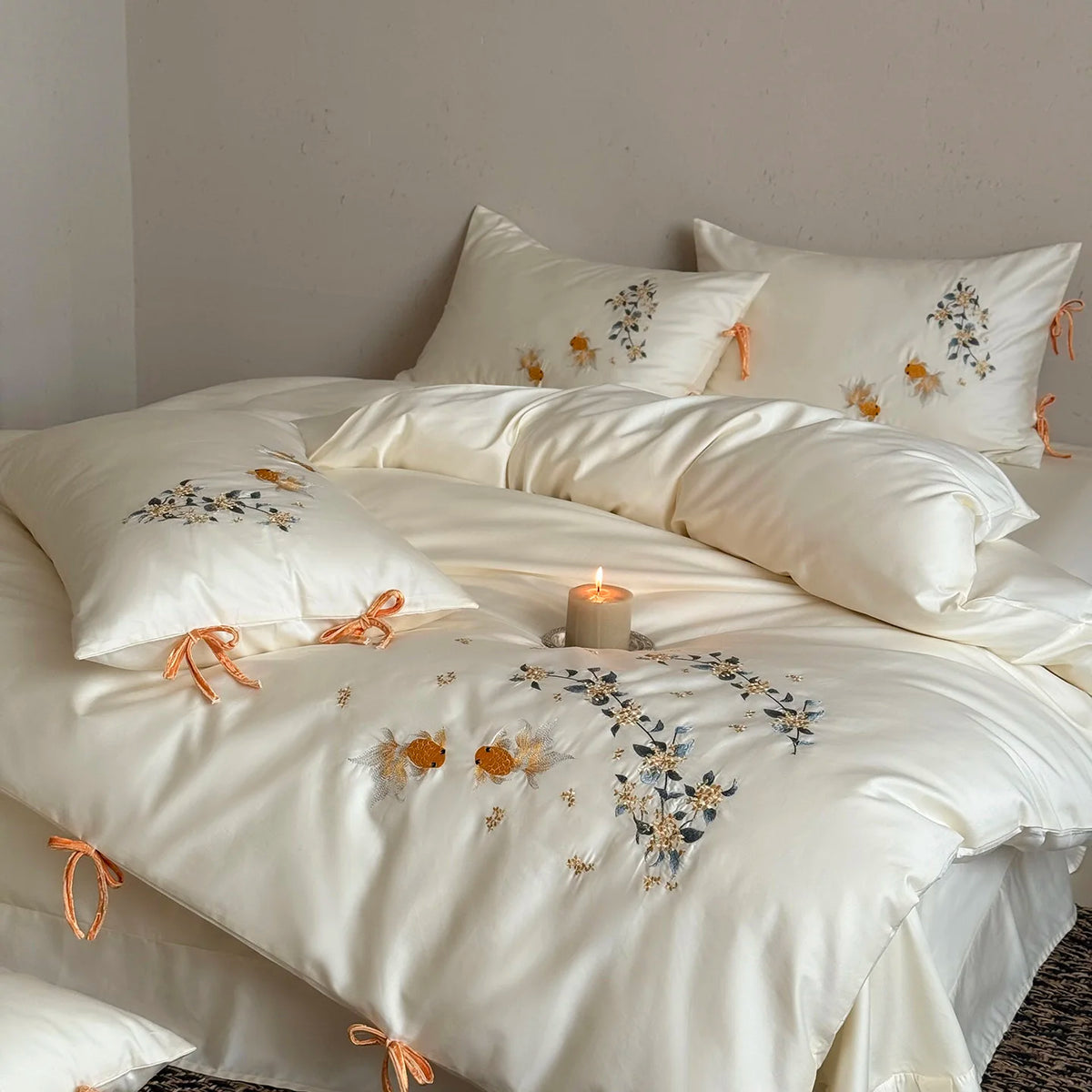 Embroidered Egyptian Cotton Bedding Set 1000TC | Marigold Bow
