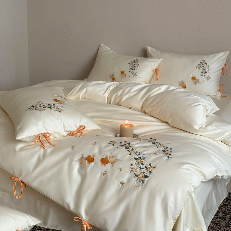 Embroidered Egyptian Cotton Bedding Set 1000TC | Marigold Bow