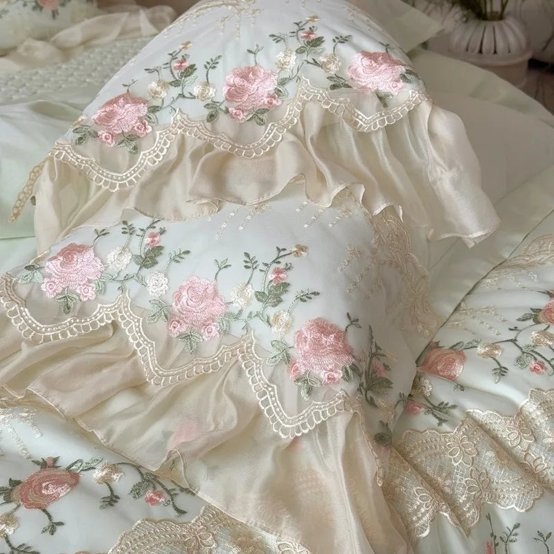 Embroidered Egyptian Cotton Bedding Set 1200TC | Rose Ruffle