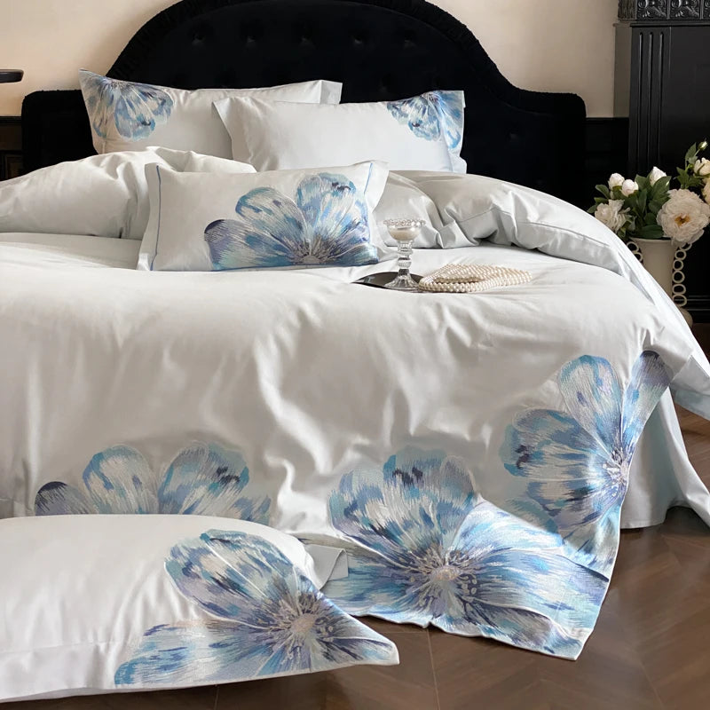Embroidered flower duvet cover and pillowcase in blue