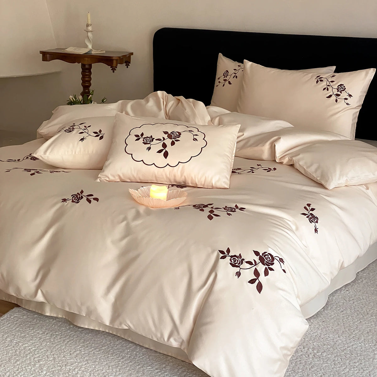 Embroidered Egyptian Cotton Bedding Set 900TC | Wine Rose - Egyptian Bedding