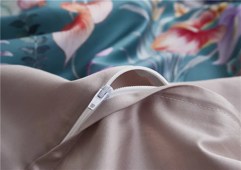 Close up of the duvet cover zip with teal tropical print and beige lining