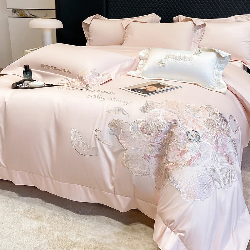 Pink bedding set with an embroidered peony