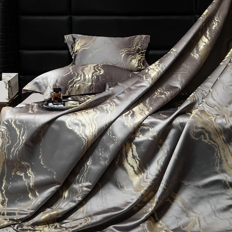 Gold Marble pillowcases and duvet cover on a bed