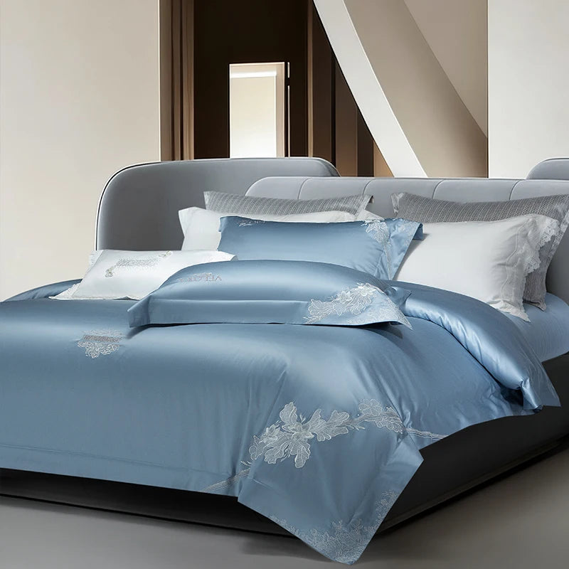 Embroidered Egyptian Cotton Bedding Set 1200TC | Frost Floral - Egyptian Bedding