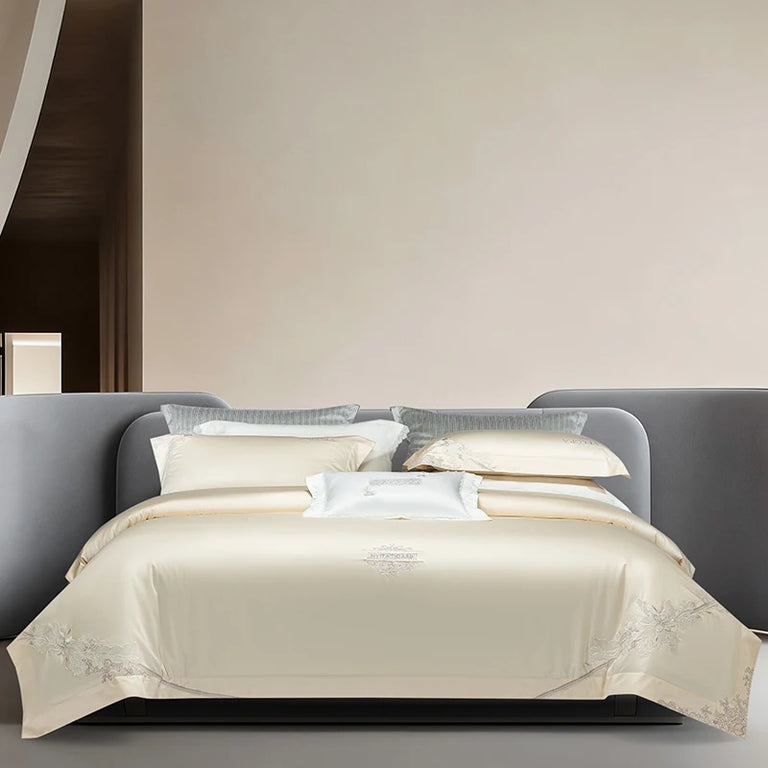 Cream bedding set with silver floral embroidery