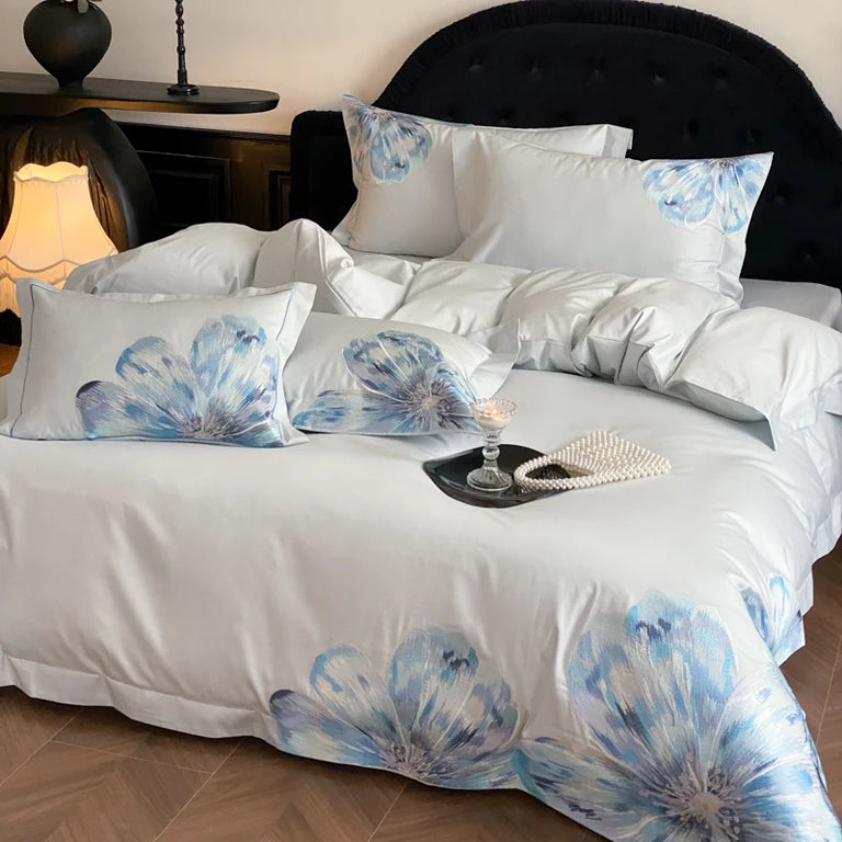 Blue floral Egyptian cotton bedding set styled in a bedroom