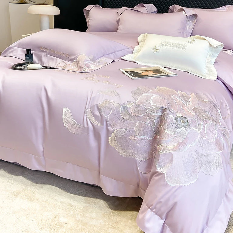 Lilac bedding set with an embroidered peony