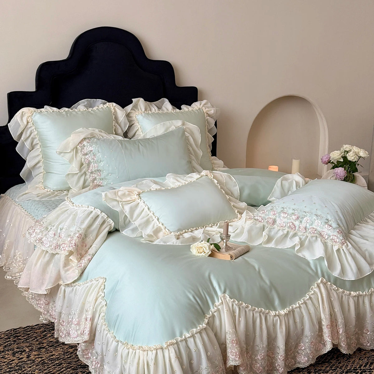 Mint lace bedding set with scalloped ruffle edge