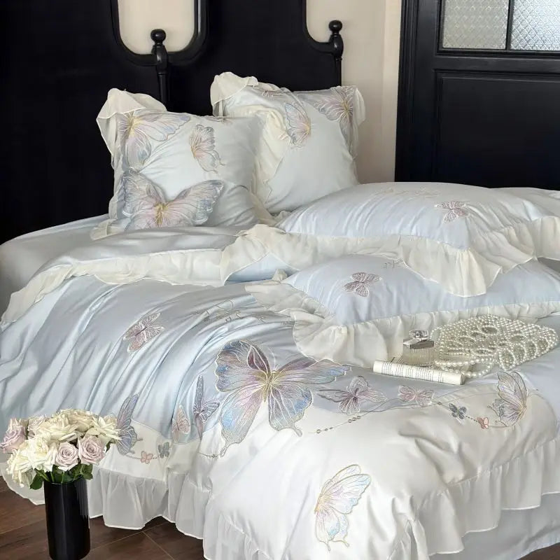 Ice blue butterfly embroidered cotton bedding set with ruffle edge