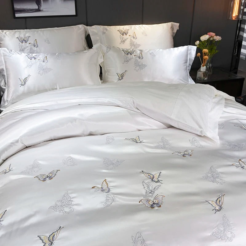 White Silver Butterfly Embroidery Cotton Bedding Set - 400TC