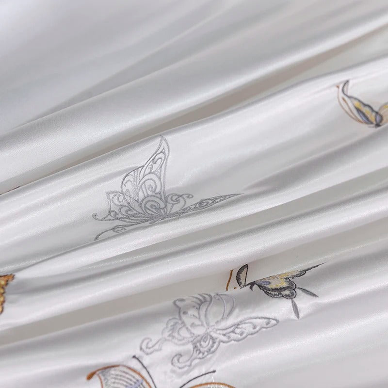 White Silver Butterfly Embroidery Cotton Bedding Set - 400TC