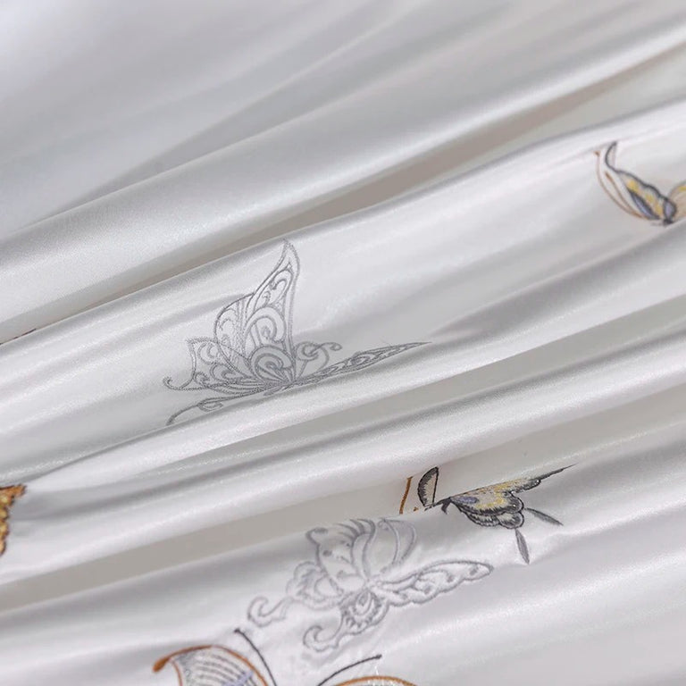 White Silver Butterfly Embroidery Cotton Bedding Set - 400TC