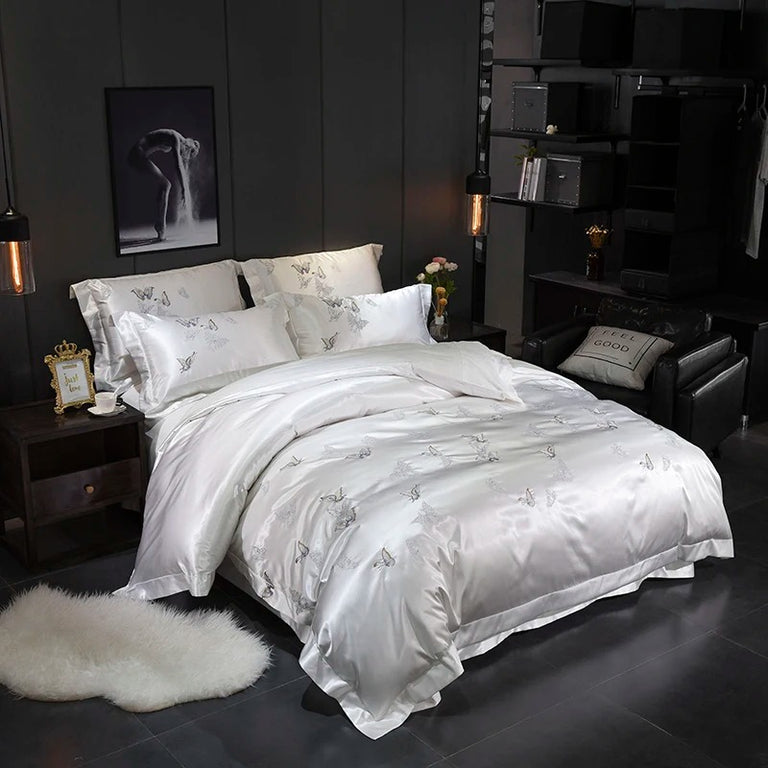 White Silver Butterfly Embroidery Cotton Bedding Set - 400TC