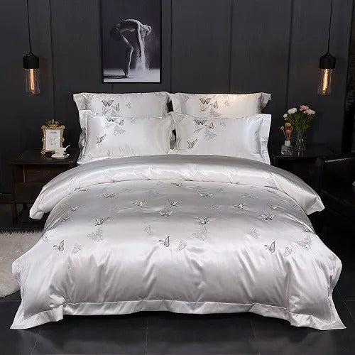 White Silver Butterfly Embroidery Cotton Bedding Set - 400TC