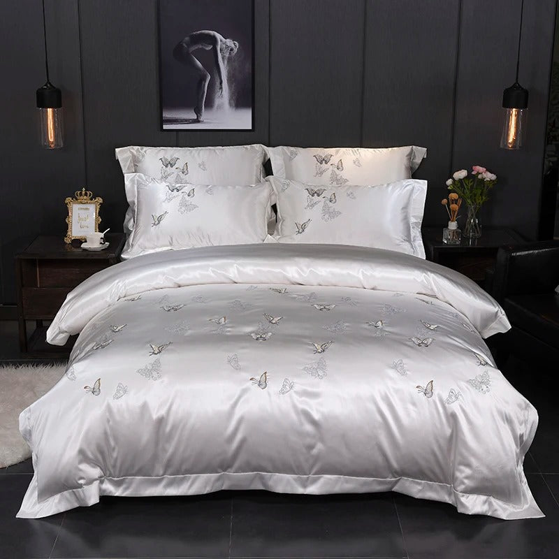 White Silver Butterfly Embroidery Cotton Bedding Set - 400TC
