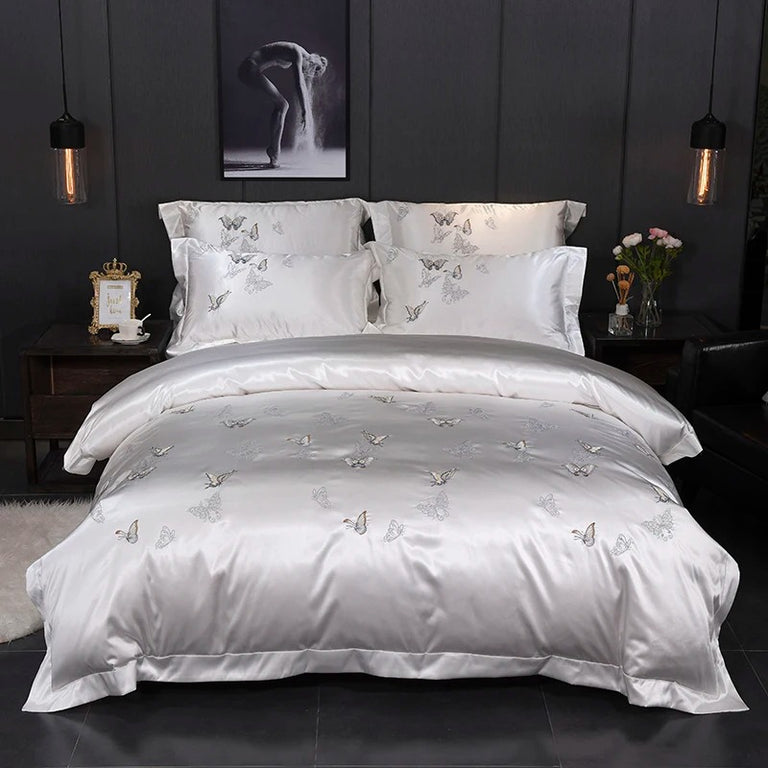 White Silver Butterfly Embroidery Cotton Bedding Set - 400TC