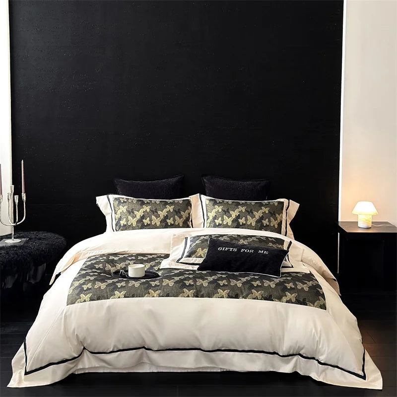 Butterfly Egyptian Cotton Bedding Set 1000TC | Olive Butterfly on double bed