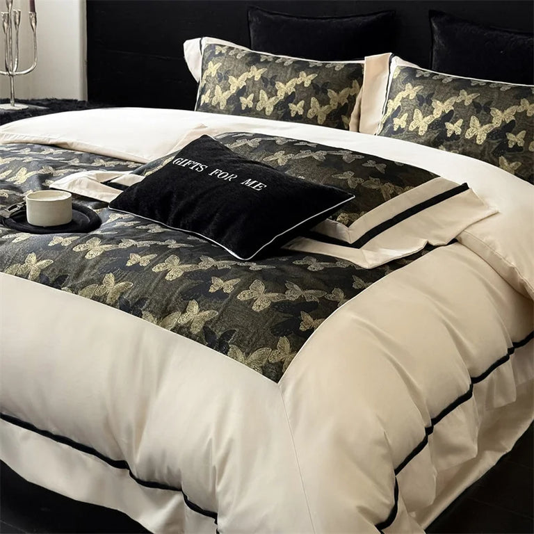 Butterfly Egyptian Cotton Bedding Set 1000TC | Olive Butterfly pillowcases and border