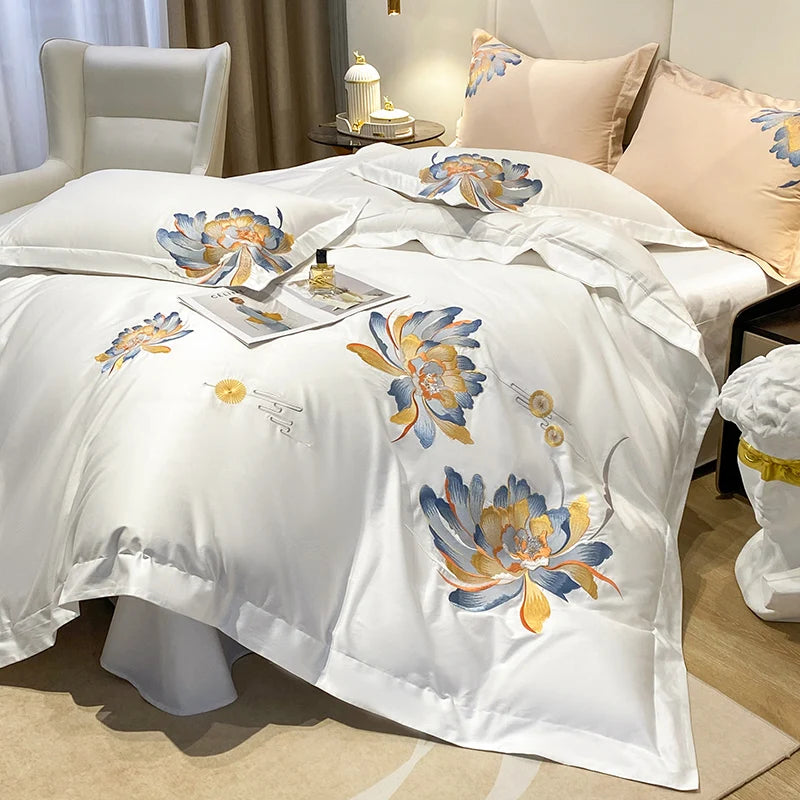 Embroidered Egyptian Cotton Bedding Set 1000TC | Blue Lotus bedding angle view